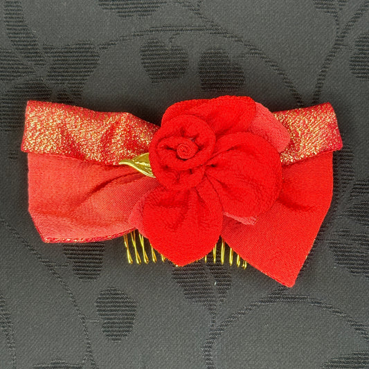 "Red Camellia" Vintage Kanzashi Comb