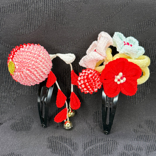 "Crimson Bells" Vintage Kanzashi Hair Clips