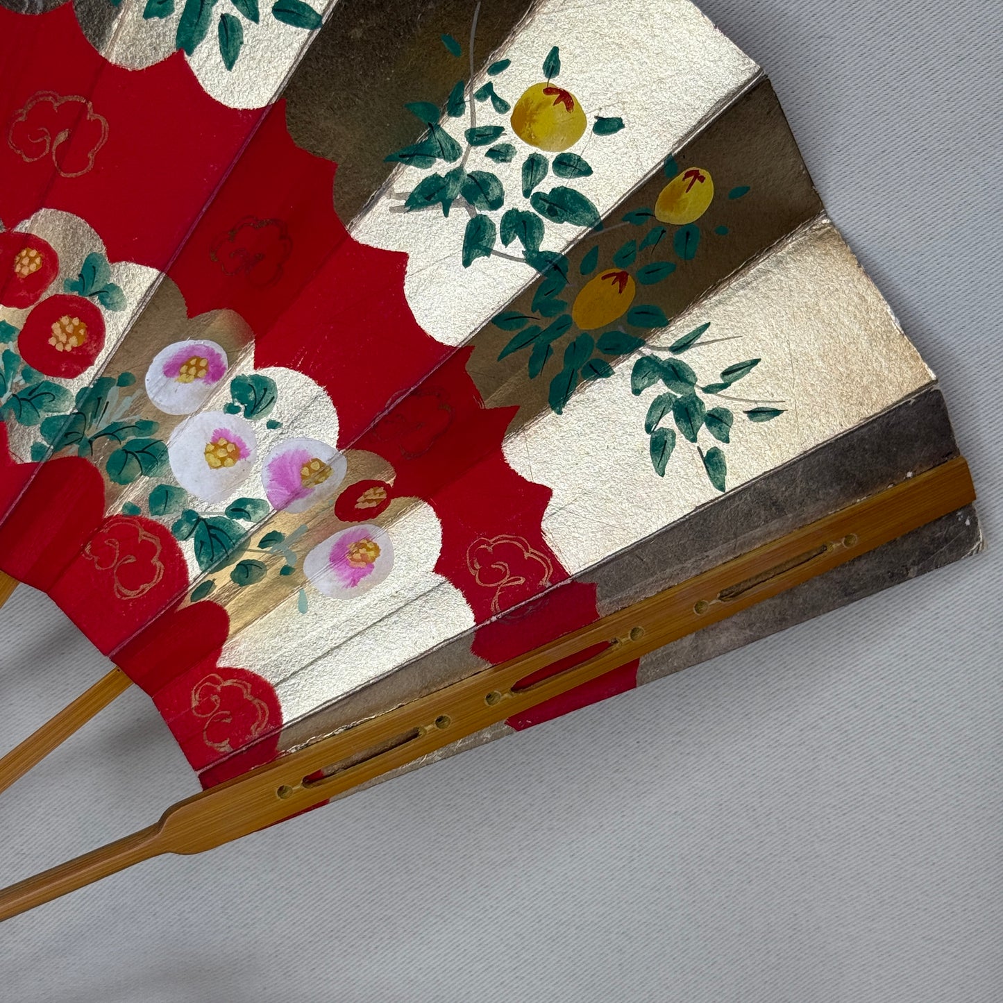 "Persimmon and Camellia" Vintage Dance Folding Fan