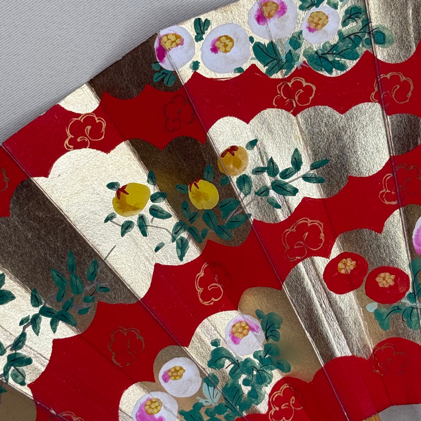 "Persimmon and Camellia" Vintage Dance Folding Fan