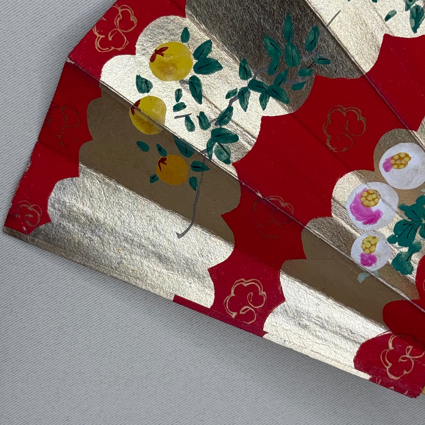 "Persimmon and Camellia" Vintage Dance Folding Fan