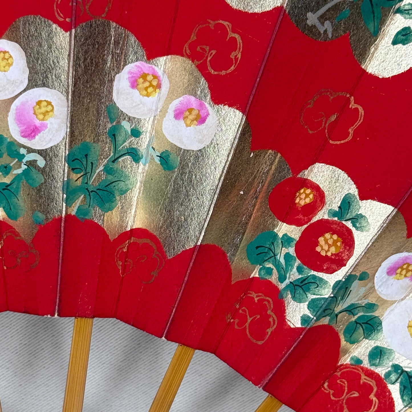 "Persimmon and Camellia" Vintage Dance Folding Fan