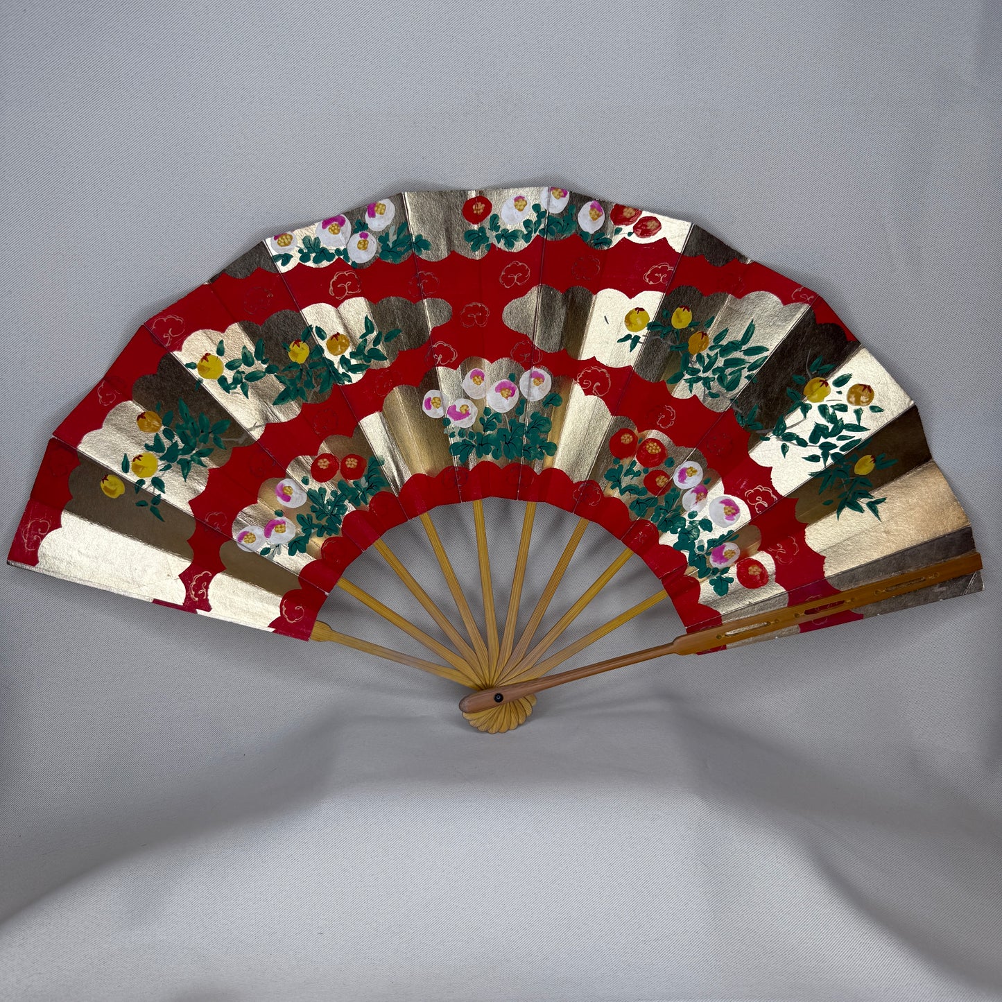 "Persimmon and Camellia" Vintage Dance Folding Fan