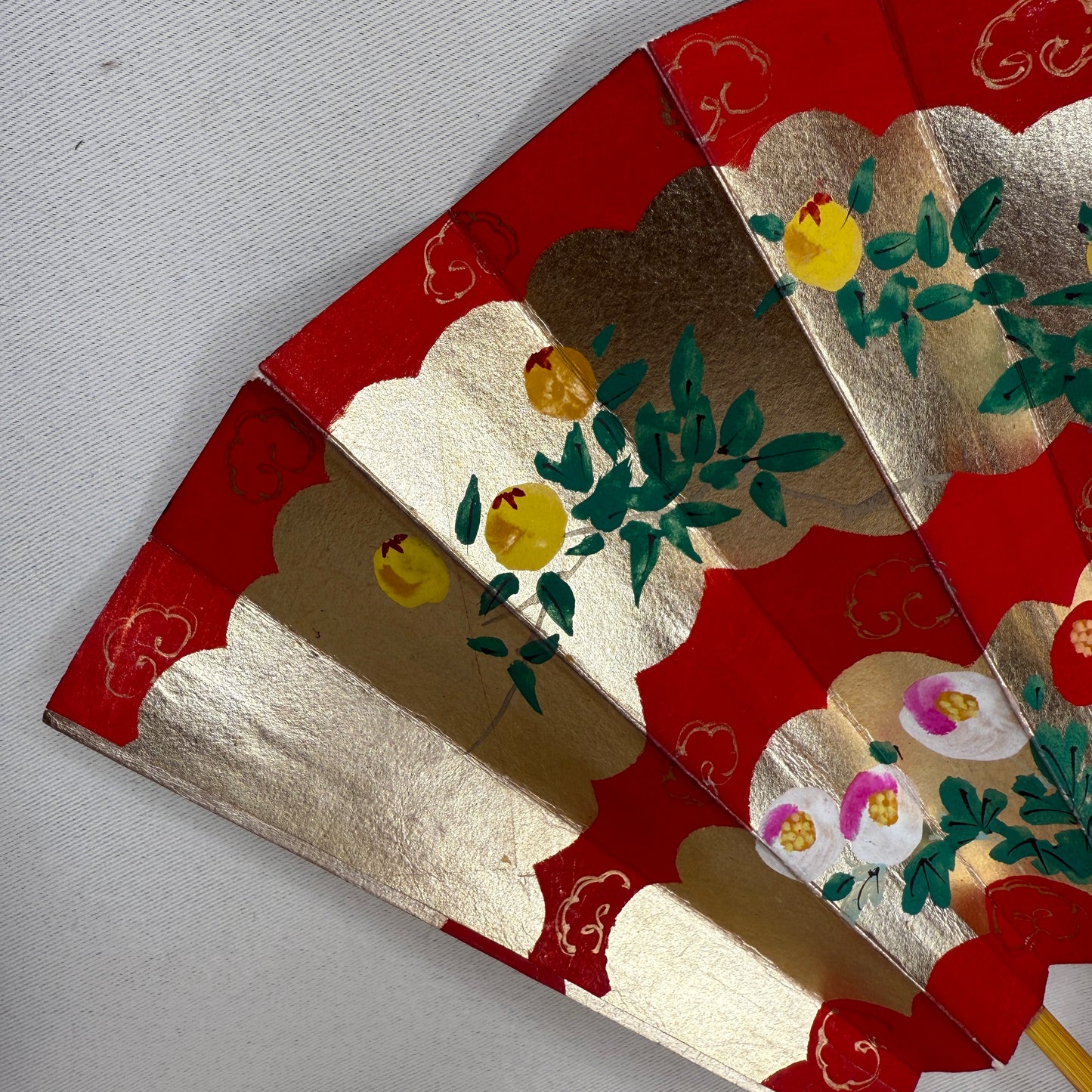 "Persimmon and Camellia" Vintage Dance Folding Fan