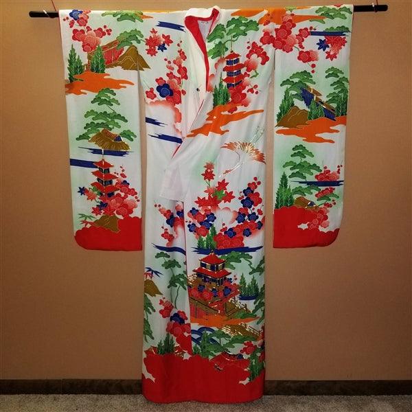 "Cranes and Castle" Vintage Japanese Kakeshita - Kyoto Kimono