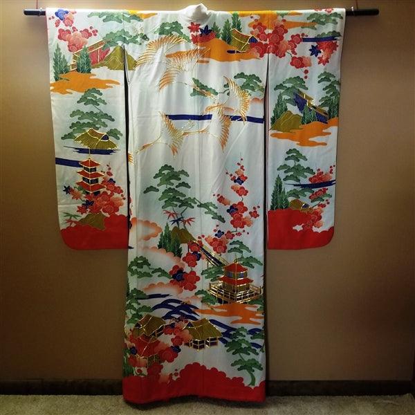 "Cranes and Castle" Vintage Japanese Kakeshita - Kyoto Kimono