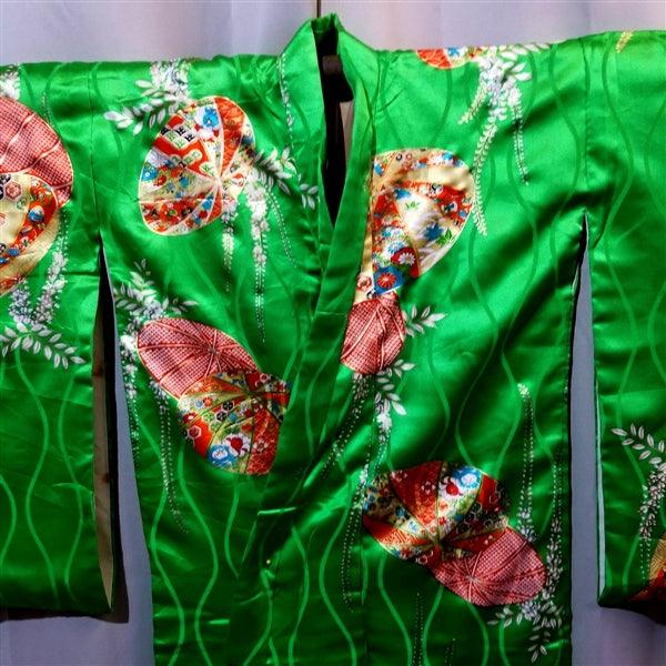 "Emerald Umbrellas" Vintage Girl's Kimono - Kyoto Kimono