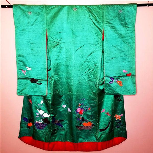 "Green Satin" Antique Wedding Kimono (Uchikake) - Kyoto Kimono