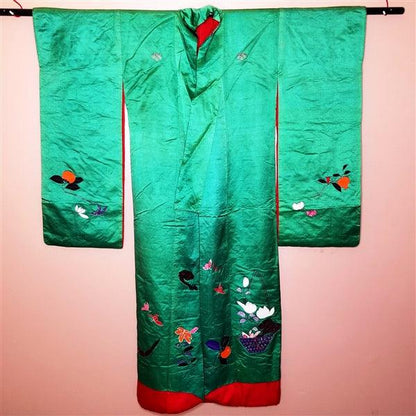 "Green Satin" Antique Wedding Kimono (Uchikake) - Kyoto Kimono