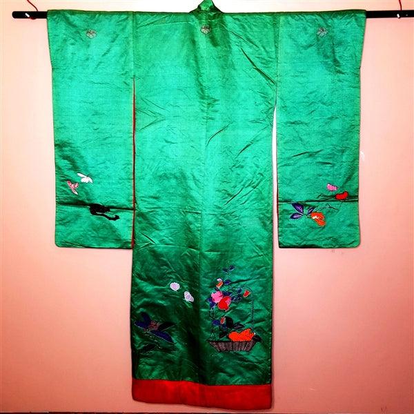 "Green Satin" Antique Wedding Kimono (Uchikake) - Kyoto Kimono
