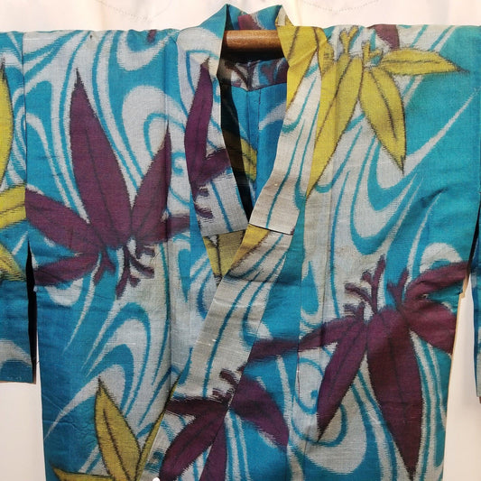 "Paulownia on Blue" Vintage Meisen Kimono - Kyoto Kimono