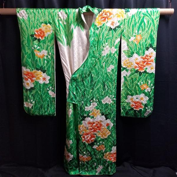 "Satin Garden" Vintage Furisode Kimono - Kyoto Kimono