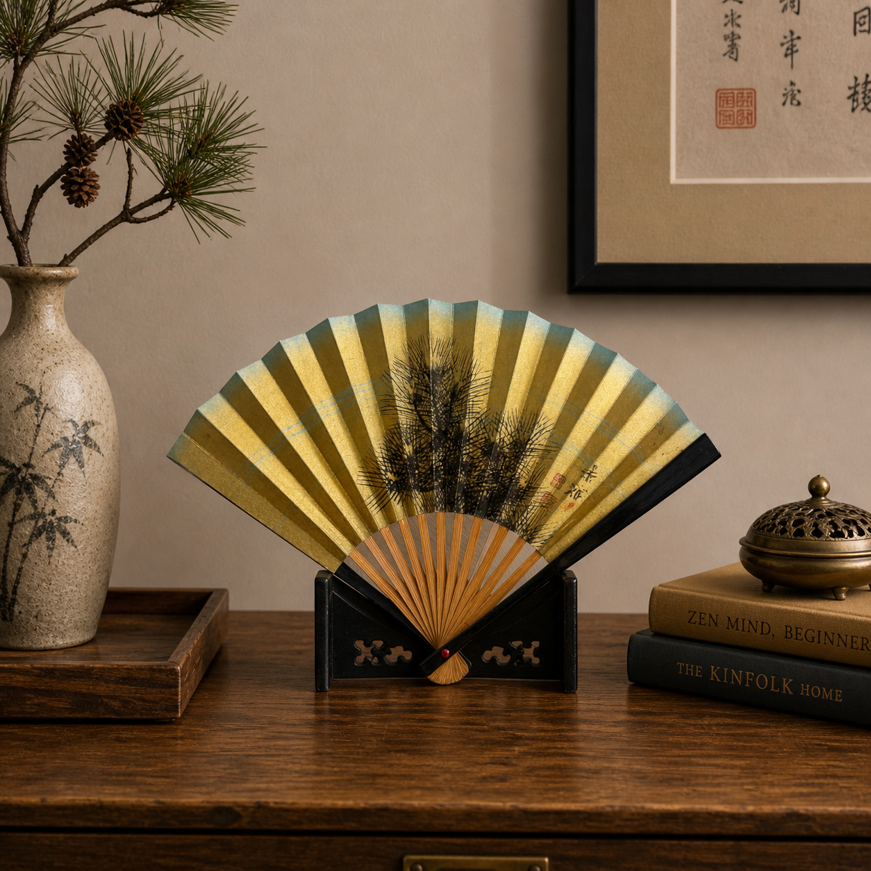 "Inked Pine" Vintage Folding Fan