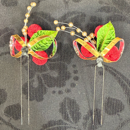 "Holly Berries" Vintage Kanzashi Hair Pins