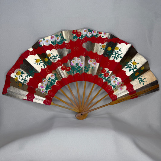 "Persimmon and Camellia" Vintage Dance Folding Fan
