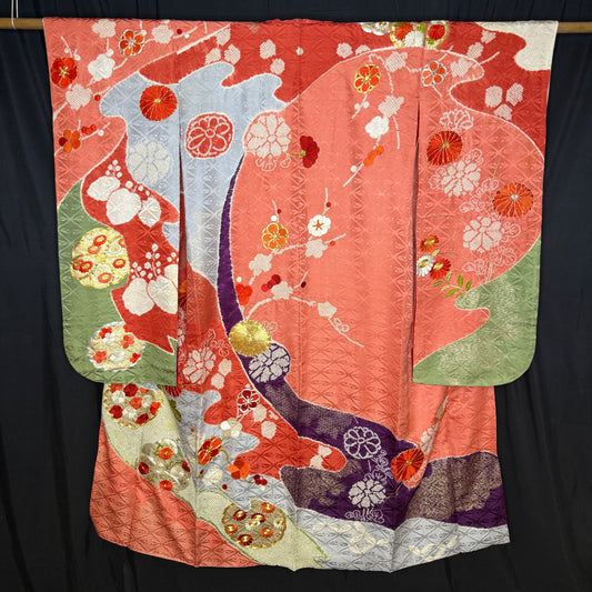 "Mums, Plum, Paulownia" Vintage Furisode Kimono