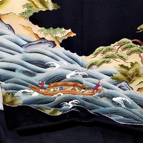 "Cormorant Fishing" Vintage Tomesode - Kyoto Kimono