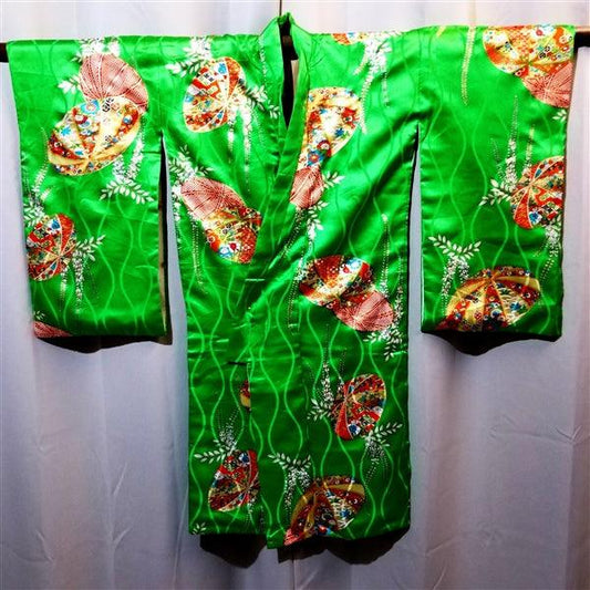 "Emerald Umbrellas" Vintage Girl's Kimono - Kyoto Kimono