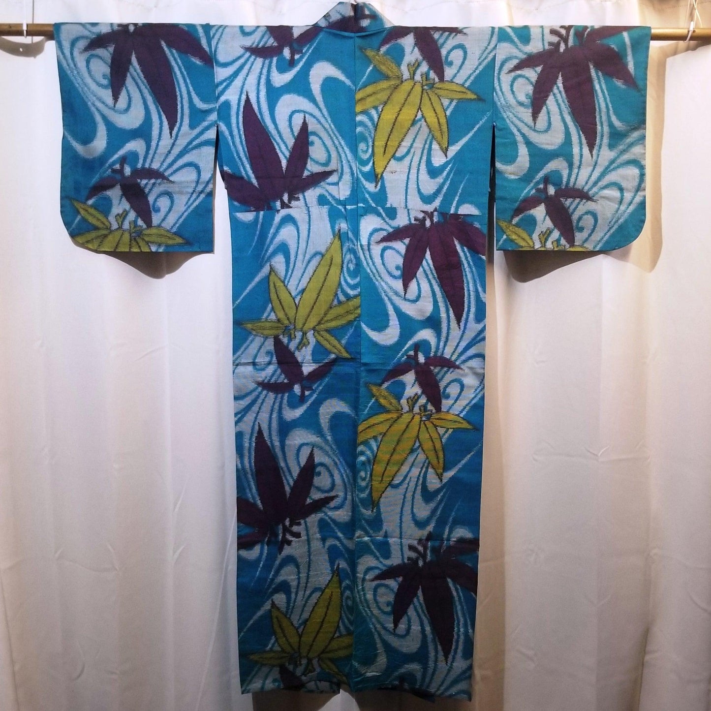 "Paulownia on Blue" Vintage Meisen Kimono - Kyoto Kimono