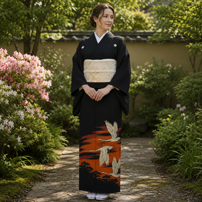"Sunset Cranes" Vintage Tomesode Kimono