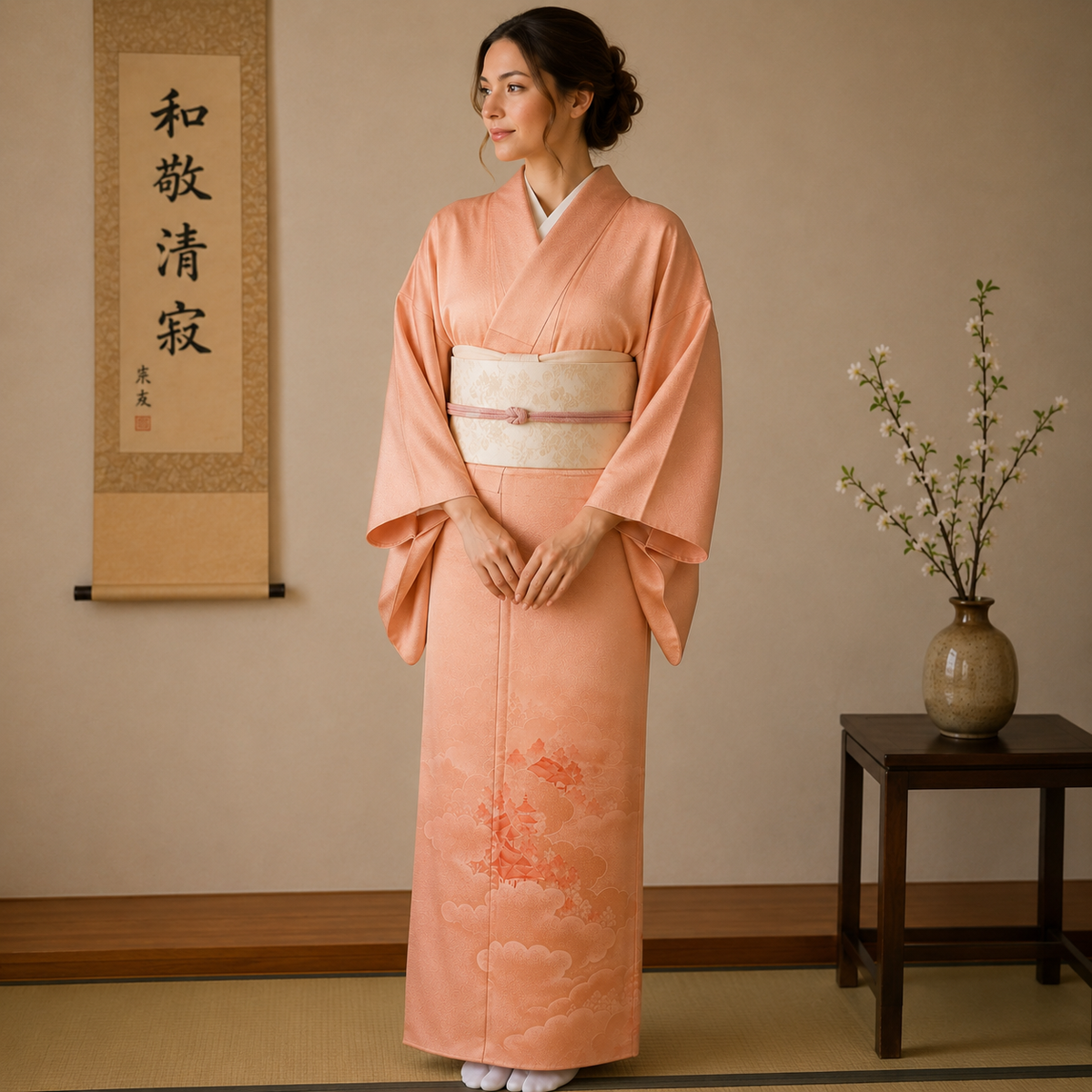 "Peach Pagoda" Vintage Iromuji Kimono